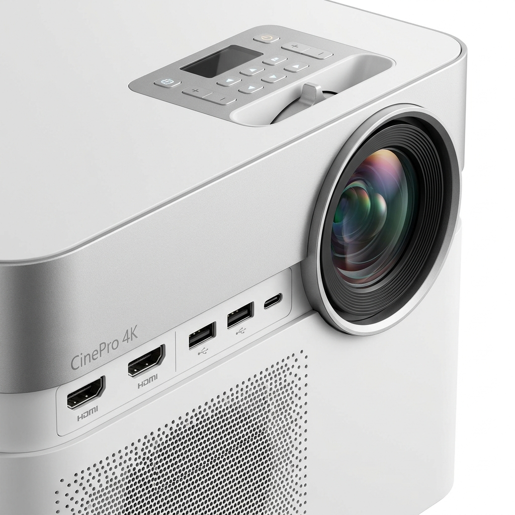 4K Projector — Lens and Port Detail Close-Up