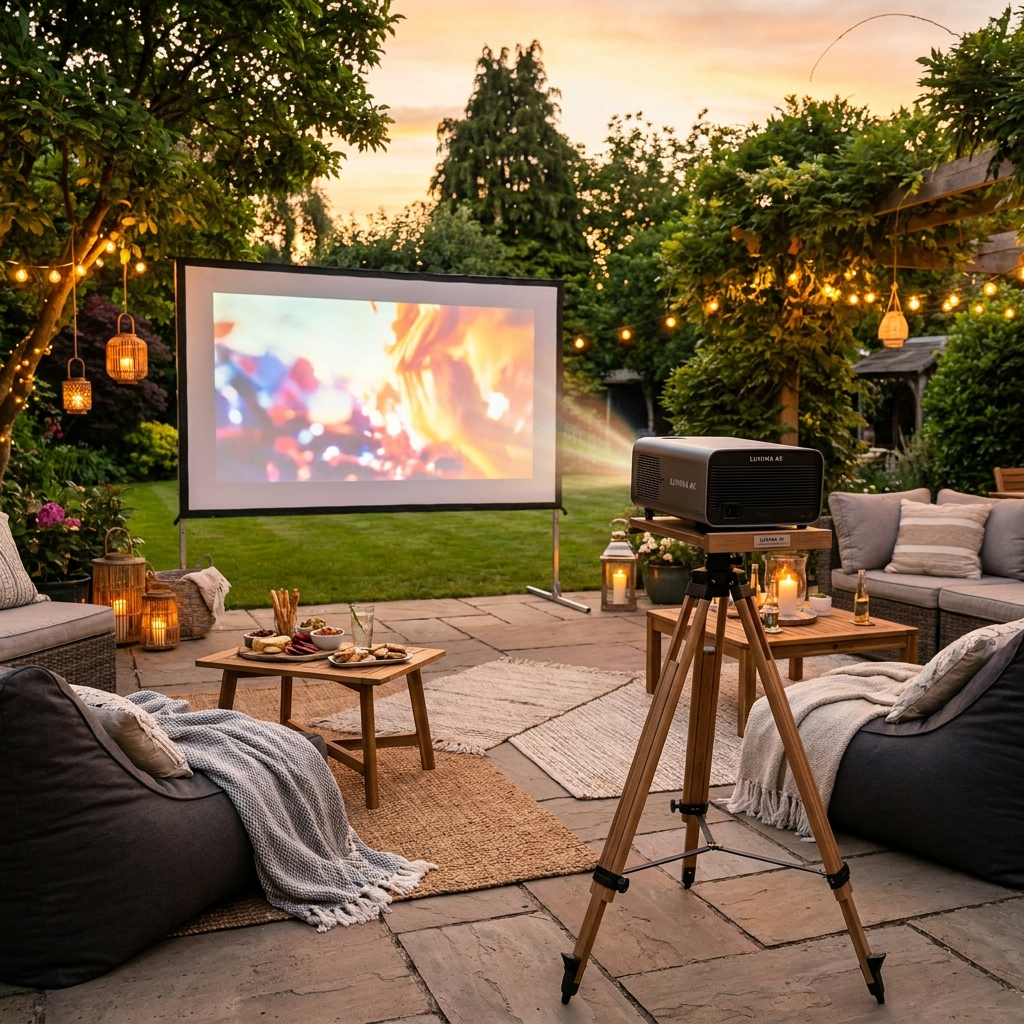 4K Projector — Garden Outdoor Setup on Tripod