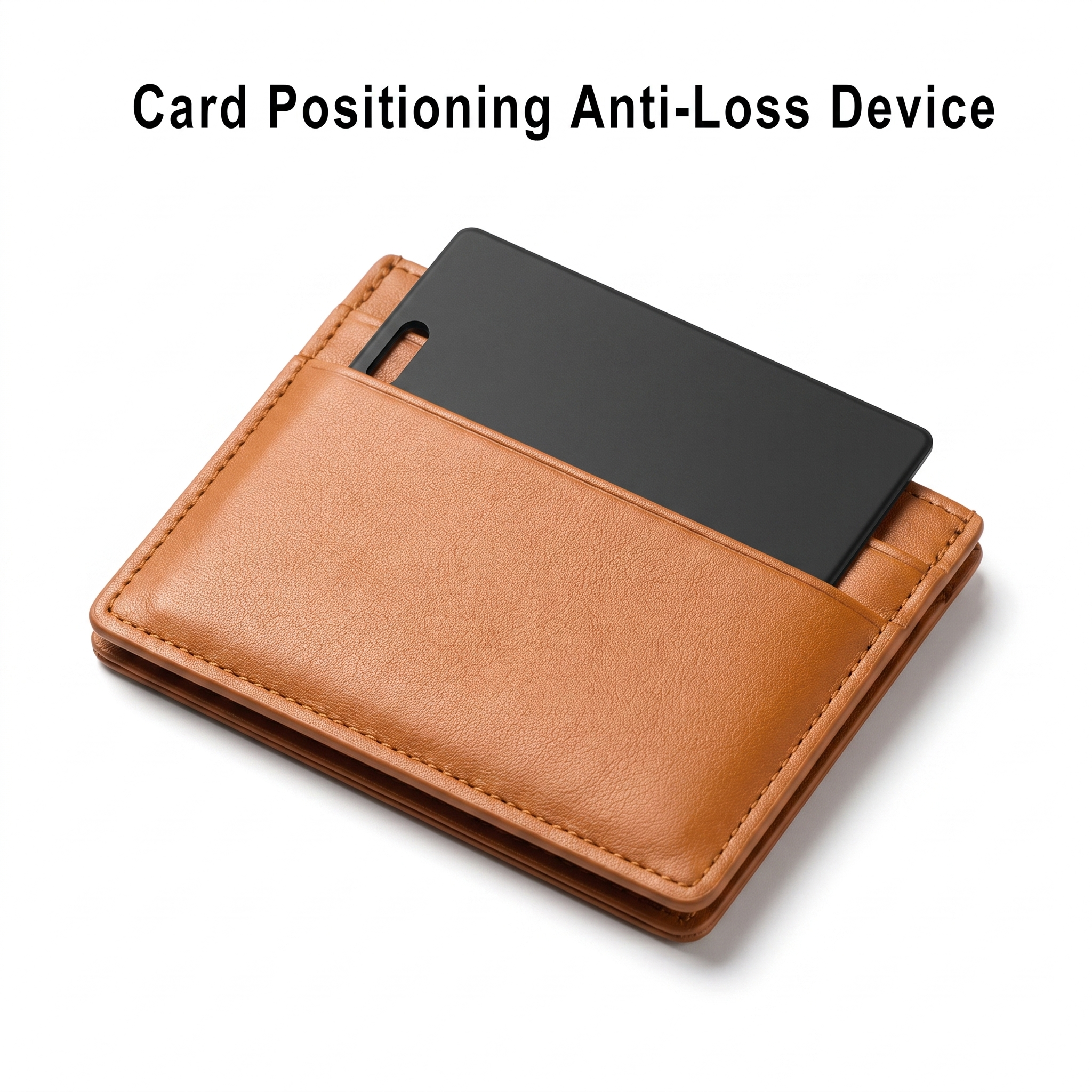 SlimTrack iOS Tracker Card in a leather wallet