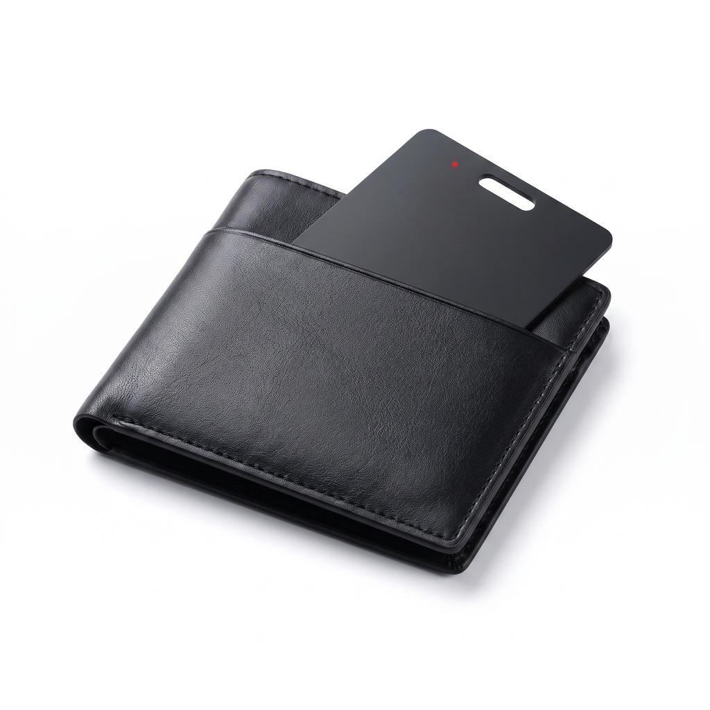 SlimTrack Android Tracker Card in a leather wallet