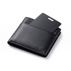 SlimTrack Android Tracker Card in a leather wallet