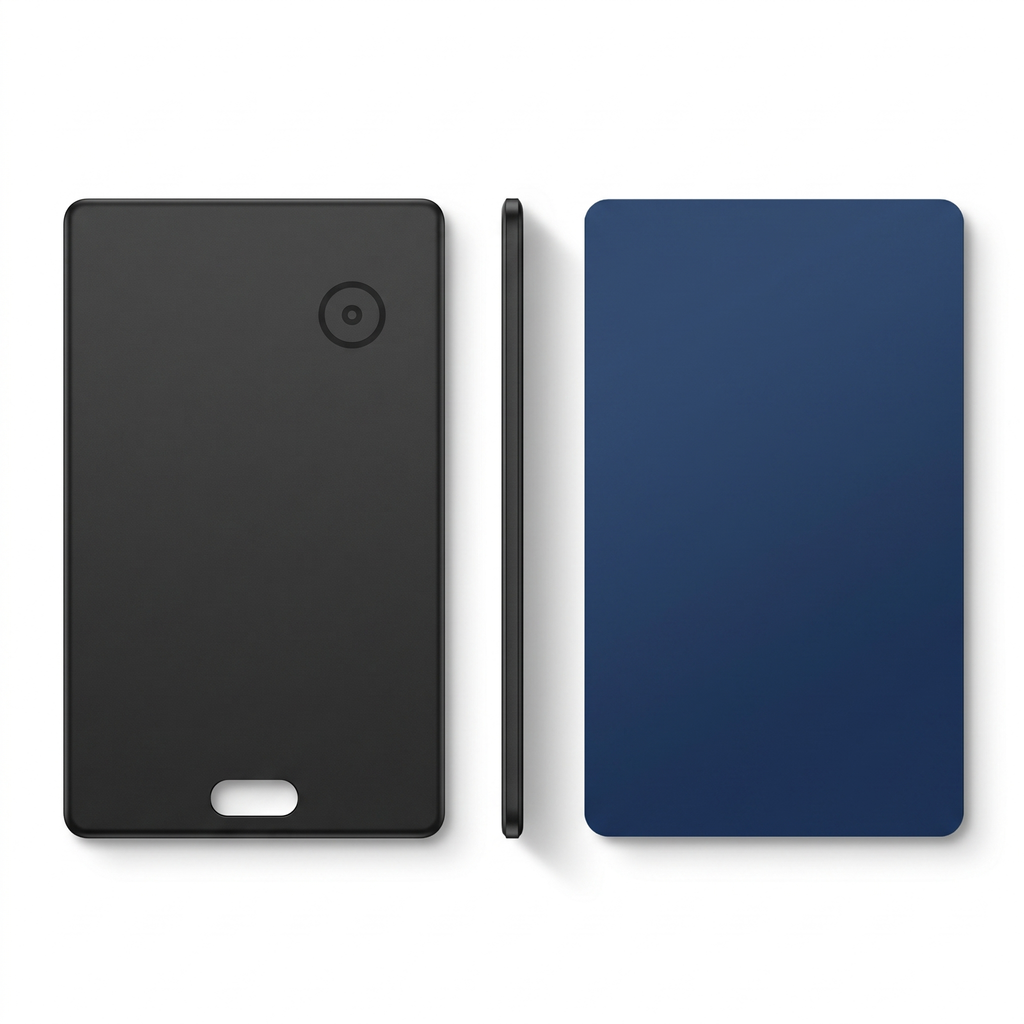 SlimTrack iOS Tracker Card next to a credit card for size comparison